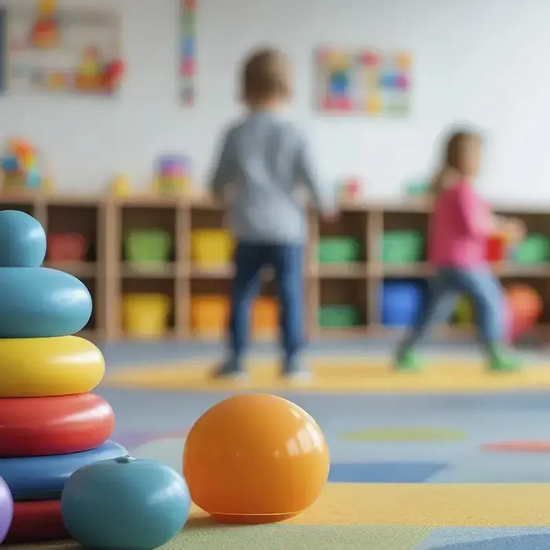 extraescolars cet10, nens a una ludoteca jugant amb pilotes i jocs de fusta